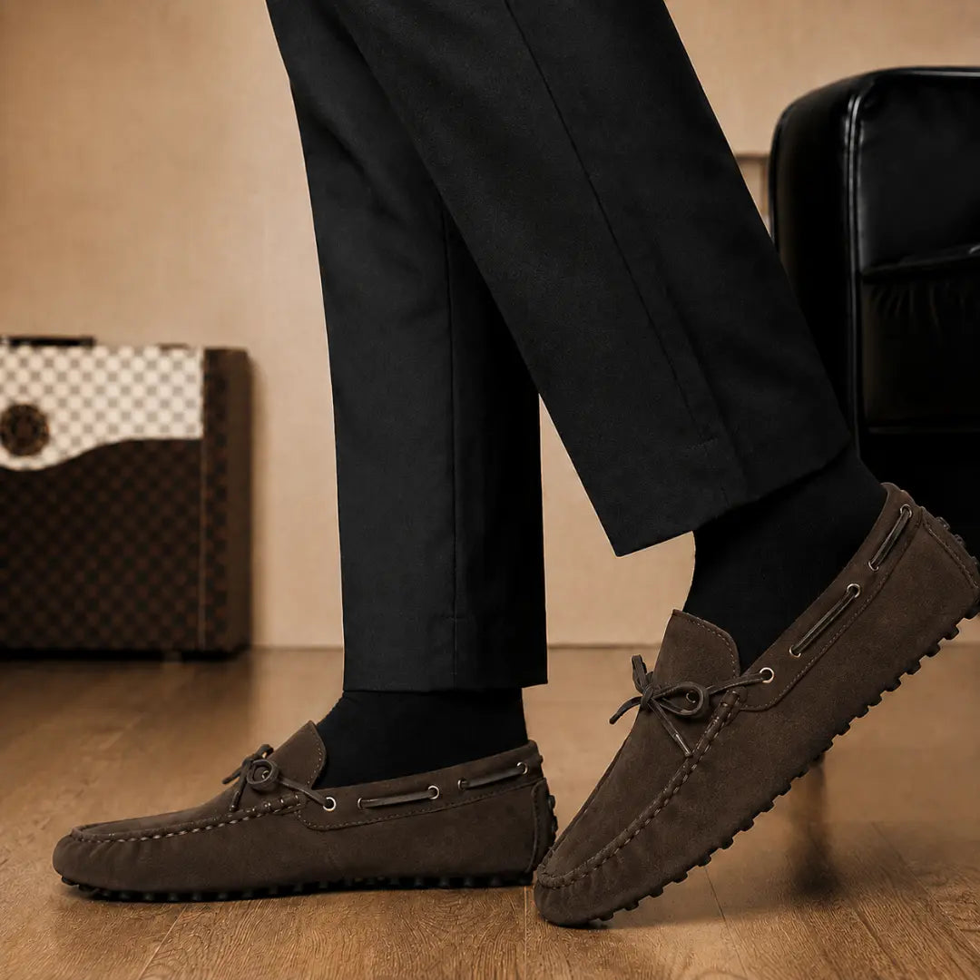 Melodiapelle Mathews Loafer in dark brown suede worn with trousers, on-feet shot