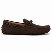 Side profile of the Mathews Loafer in dark brown suede on white background