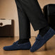 Melodiapelle Mathews Loafer in navy blue suede worn with trousers, on-feet shot