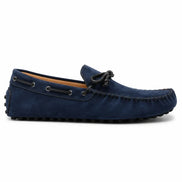 Side profile of the Mathews Loafer in navy blue suede on white background