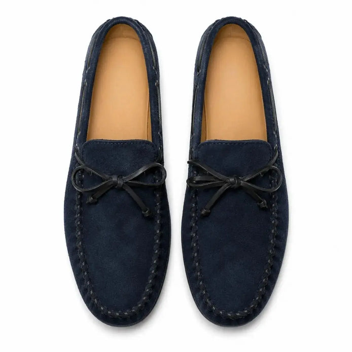 Melodiapelle Mathews Loafer in navy blue suede, pair top-down view, handcrafted in Agra
