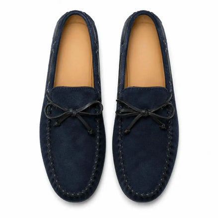 Melodiapelle Mathews Loafer in navy blue suede, pair top-down view, handcrafted in Agra
