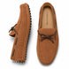 Rust tan suede driving loafer with bow lace, three-quarter angle showing sole detailing