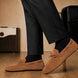 Melodiapelle Mathews Loafer in rust tan suede worn with trousers, on-feet shot