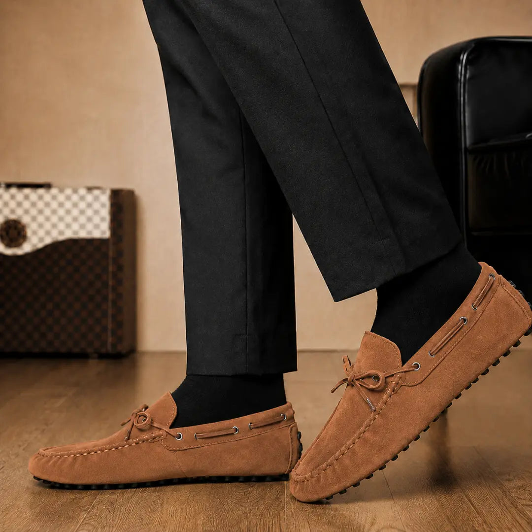 Melodiapelle Mathews Loafer in rust tan suede worn with trousers, on-feet shot