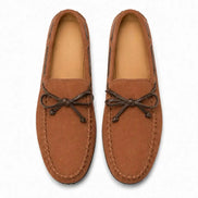 Melodiapelle Mathews Loafer in rust tan suede, pair top-down view, handcrafted in Agra