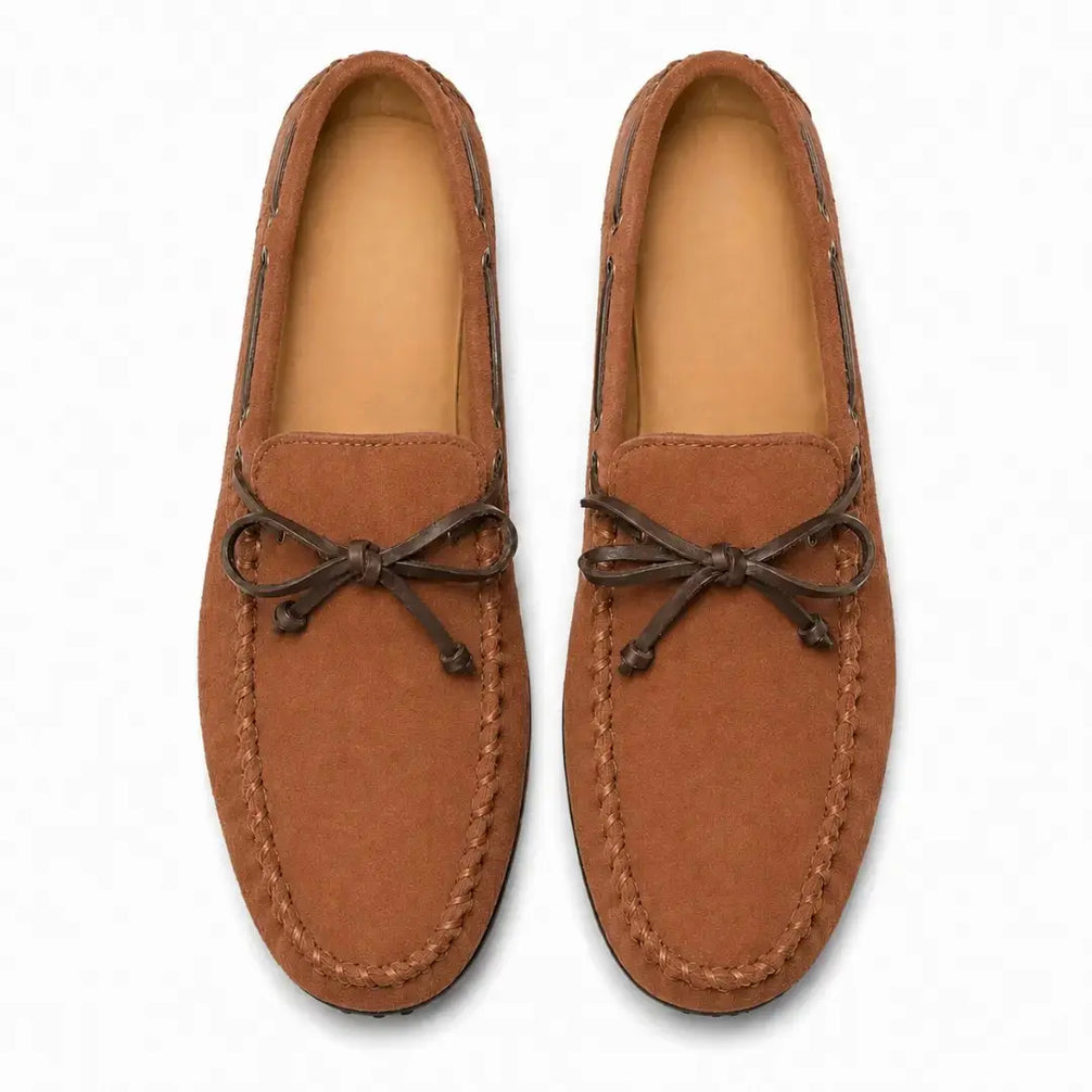 Melodiapelle Mathews Loafer in rust tan suede, pair top-down view, handcrafted in Agra