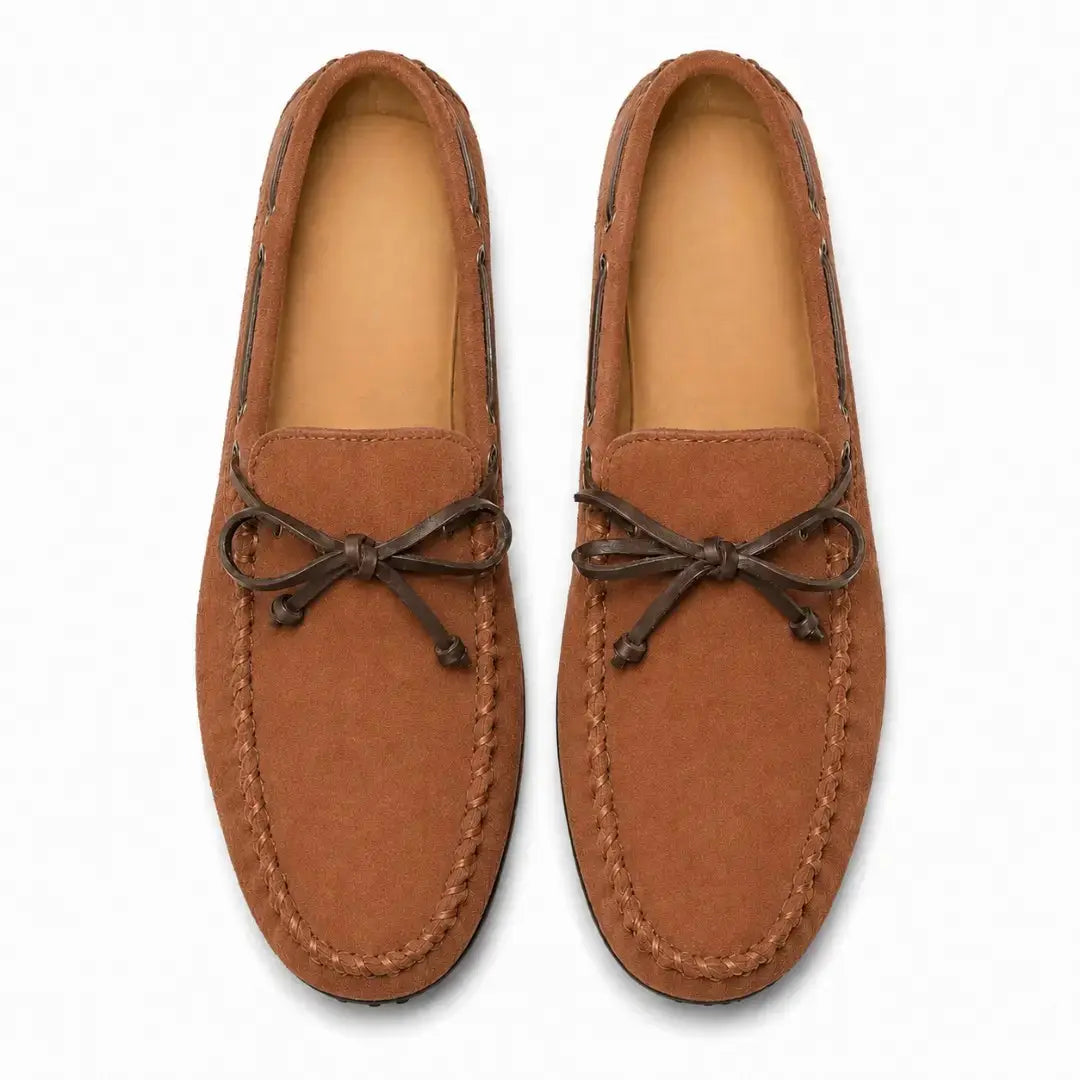 Melodiapelle Mathews Loafer in rust tan suede, pair top-down view, handcrafted in Agra