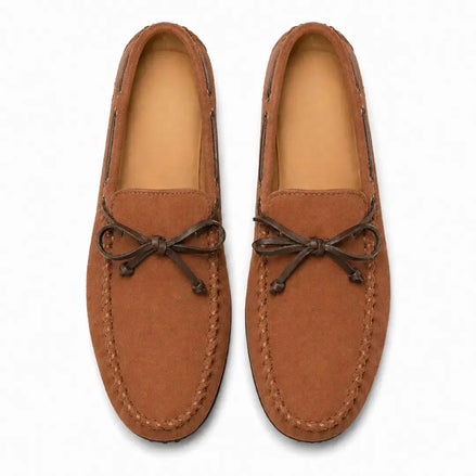 Melodiapelle Mathews Loafer in rust tan suede, pair top-down view, handcrafted in Agra