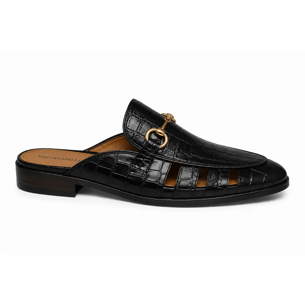 Side profile of the Matilda Mule in black croc-embossed leather on white background