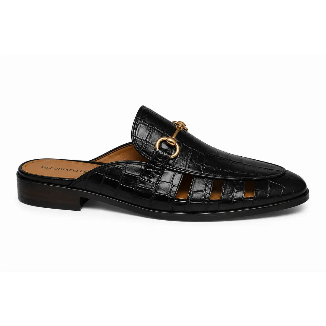 Side profile of the Matilda Mule in black croc-embossed leather on white background