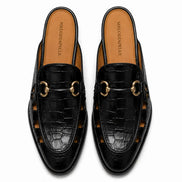 Melodiapelle Matilda Mule in black croc-embossed leather, pair top-down view, handcrafted in Agra