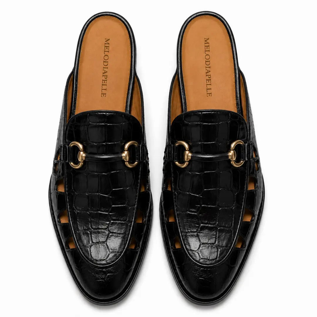 Melodiapelle Matilda Mule in black croc-embossed leather, pair top-down view, handcrafted in Agra