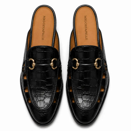 Melodiapelle Matilda Mule in black croc-embossed leather, pair top-down view, handcrafted in Agra