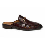 Side profile of the Matilda Mule in oxblood brown croc-embossed leather on white background