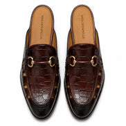 Melodiapelle Matilda Mule in oxblood brown croc-embossed leather, pair top-down view, handcrafted in Agra