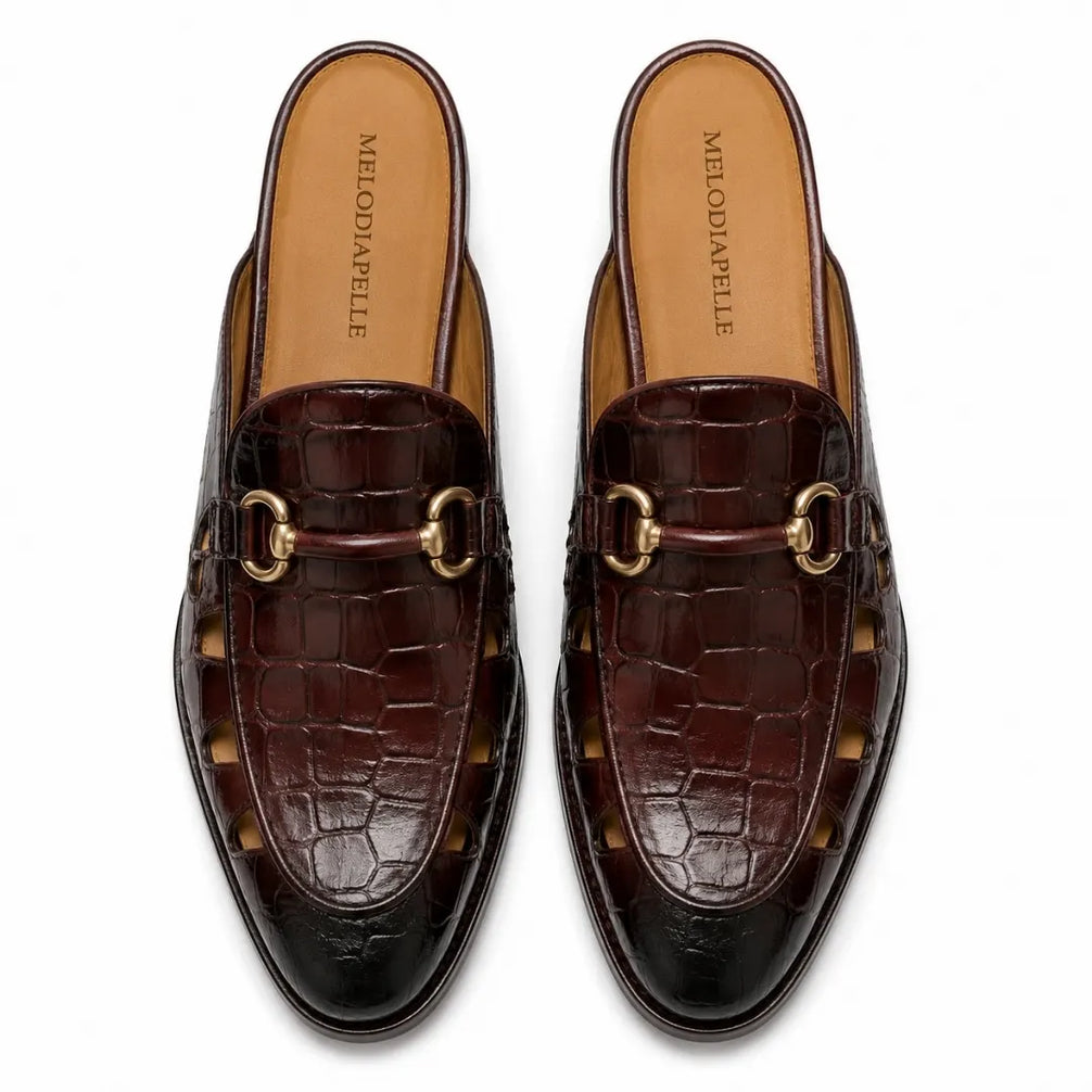 Melodiapelle Matilda Mule in oxblood brown croc-embossed leather, pair top-down view, handcrafted in Agra