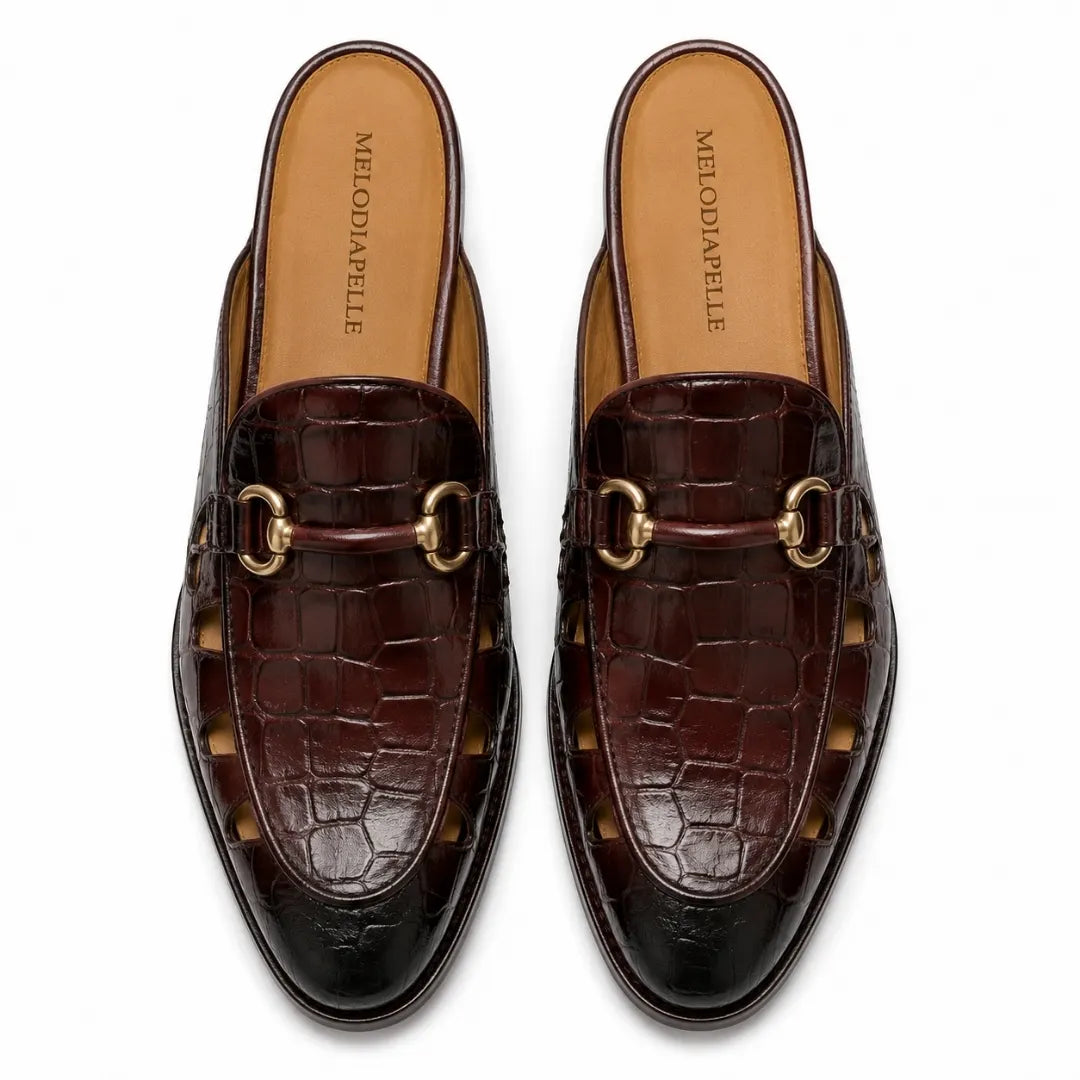 Melodiapelle Matilda Mule in oxblood brown croc-embossed leather, pair top-down view, handcrafted in Agra
