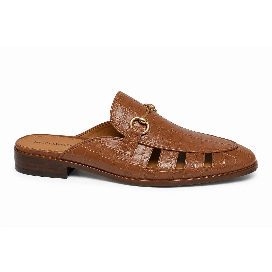 Side profile of the Matilda Mule in tan croc-embossed leather on white background