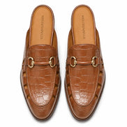 Melodiapelle Matilda Mule in tan croc-embossed leather, pair top-down view, handcrafted in Agra