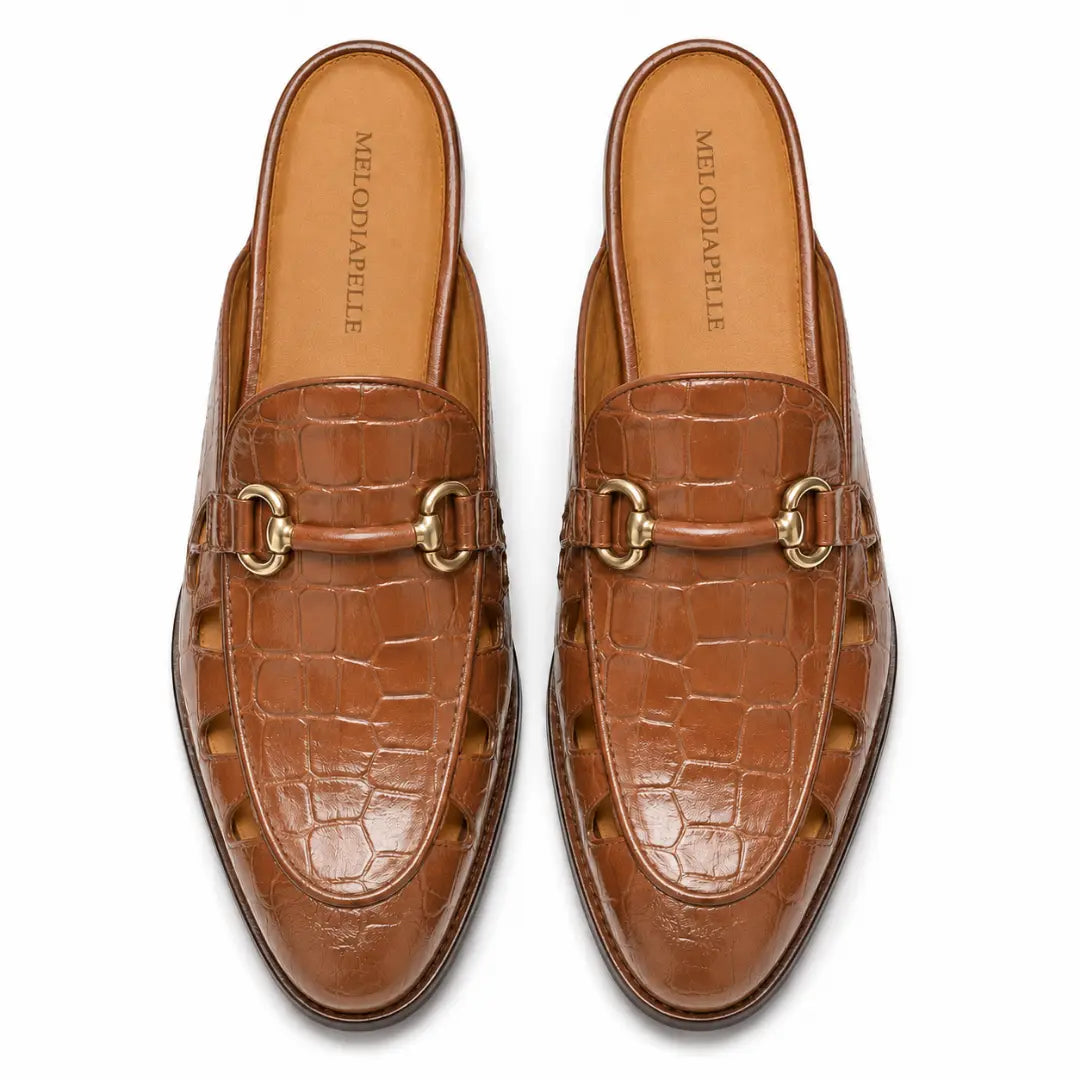 Melodiapelle Matilda Mule in tan croc-embossed leather, pair top-down view, handcrafted in Agra
