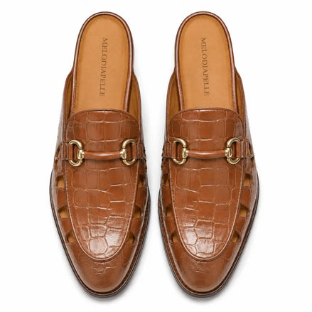 Melodiapelle Matilda Mule in tan croc-embossed leather, pair top-down view, handcrafted in Agra