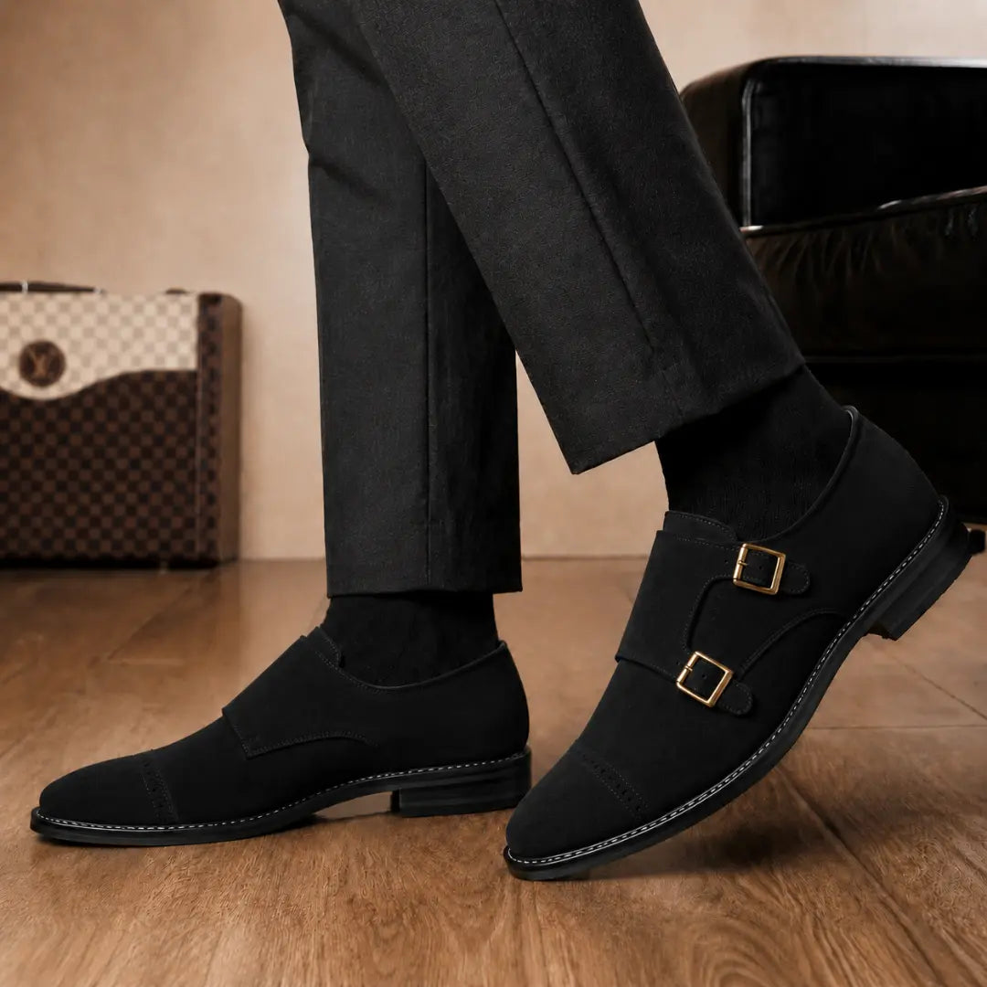Melodiapelle Maverick Double Monk Brogue in black suede worn with formal trousers, on-feet shot