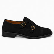 Side profile of the Maverick Double Monk Brogue in black suede on white background