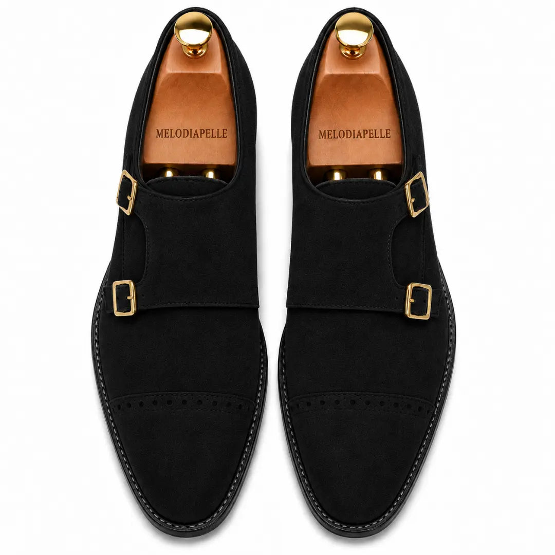 Melodiapelle Maverick Double Monk Brogue in black suede, pair top-down view, handcrafted in Agra