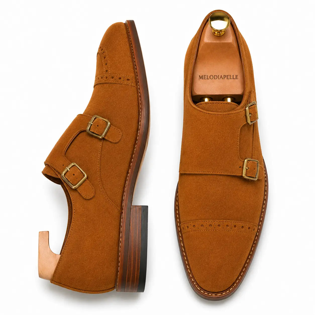 Camel suede double monk strap shoe, three-quarter angle showing buckles and heel