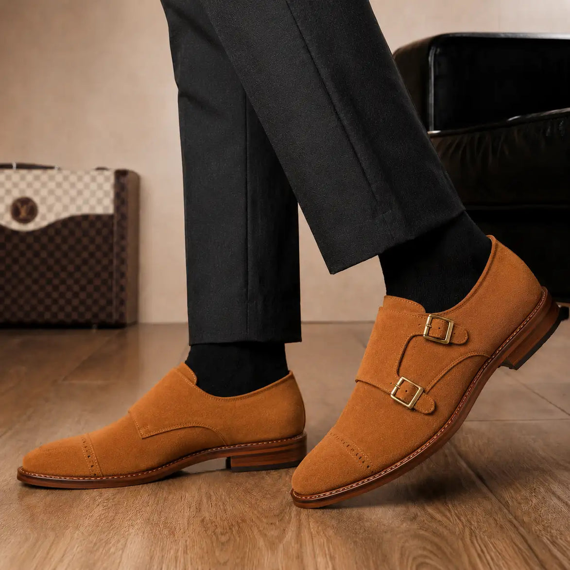 Melodiapelle Maverick Double Monk Brogue in camel suede worn with formal trousers, on-feet shot