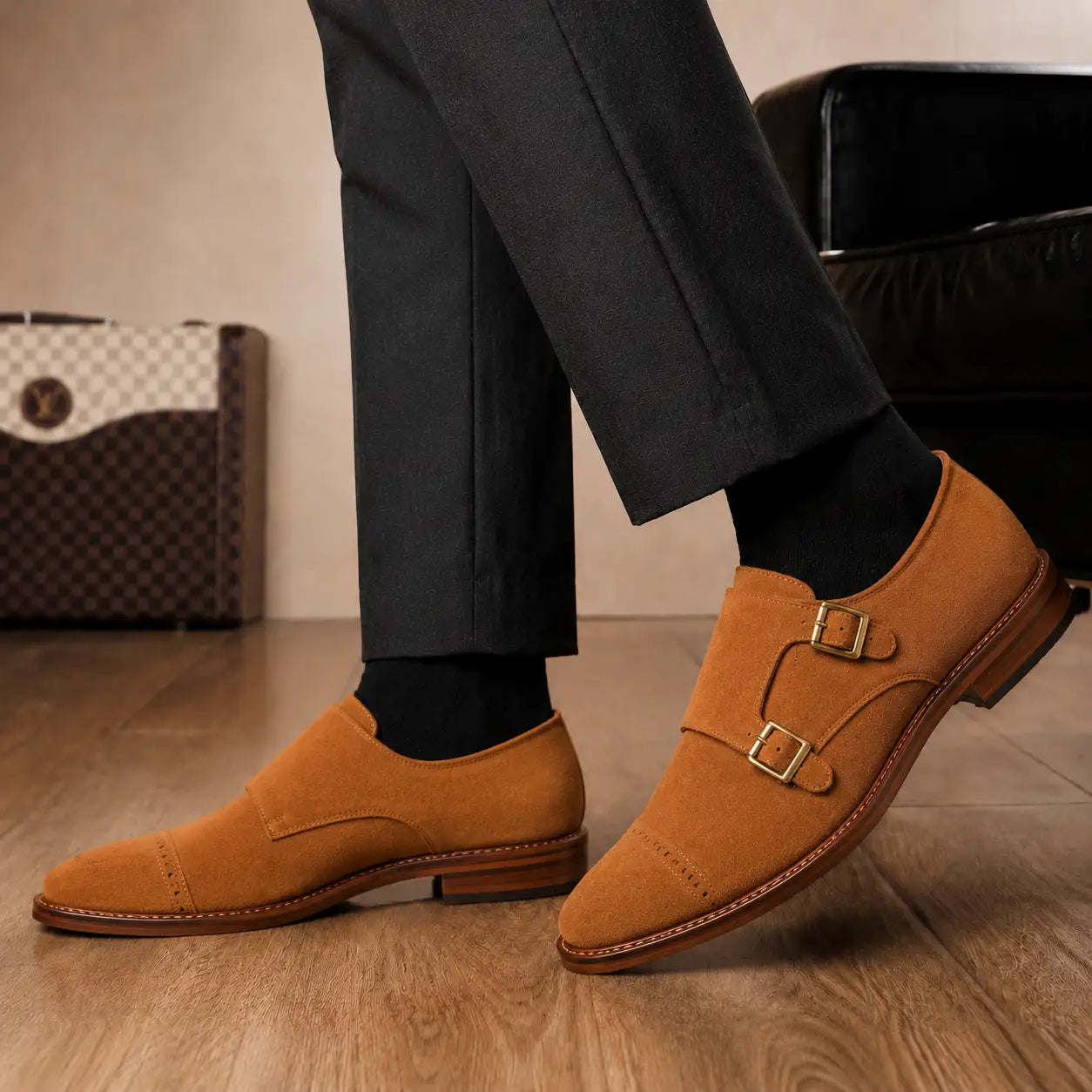 Melodiapelle Maverick Double Monk Brogue in camel suede worn with formal trousers, on-feet shot