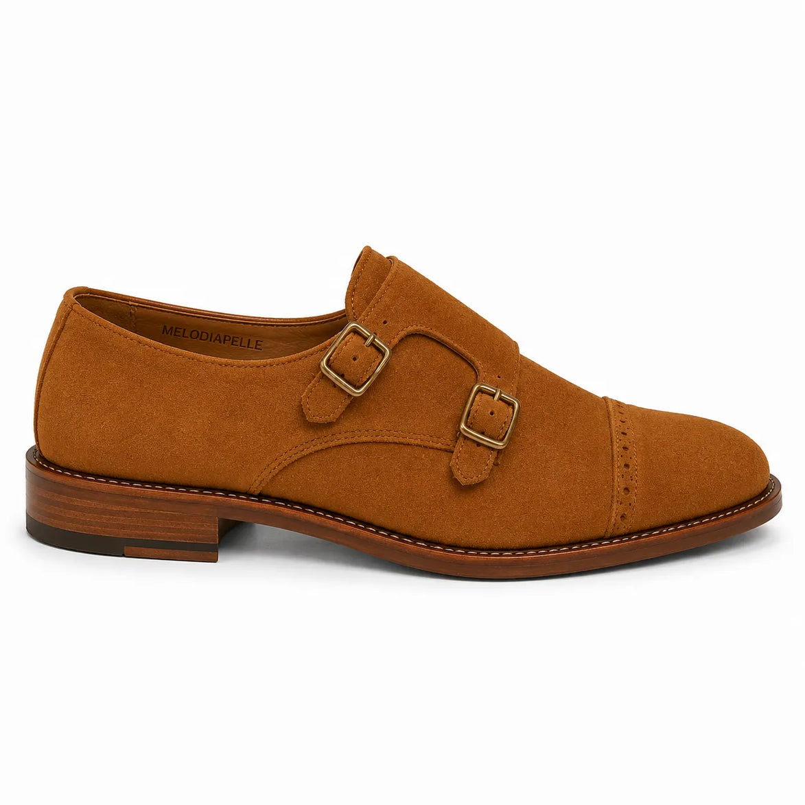 Side profile of the Maverick Double Monk Brogue in camel suede on white background