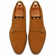 Melodiapelle Maverick Double Monk Brogue in camel suede, pair top-down view, handcrafted in Agra