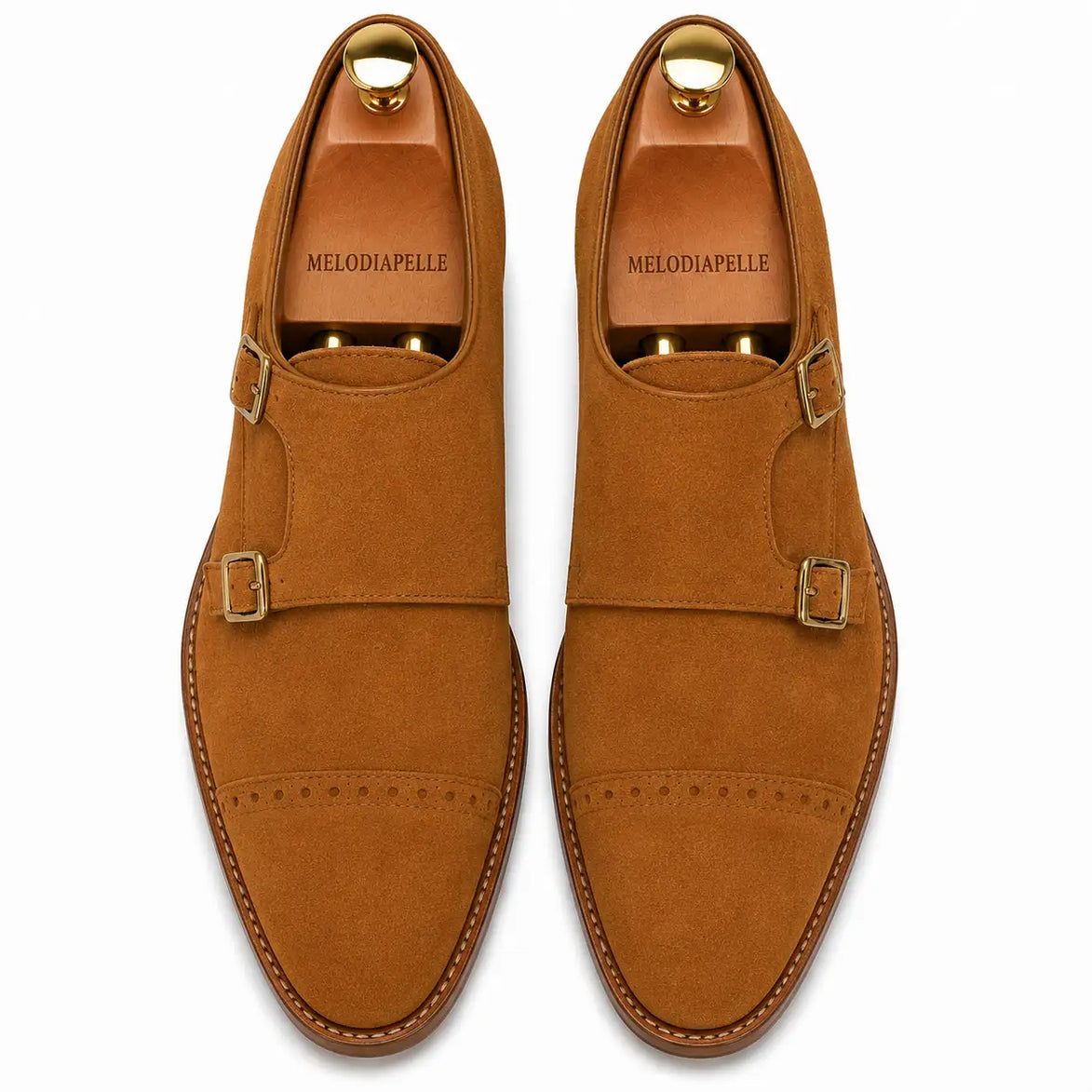 Melodiapelle Maverick Double Monk Brogue in camel suede, pair top-down view, handcrafted in Agra
