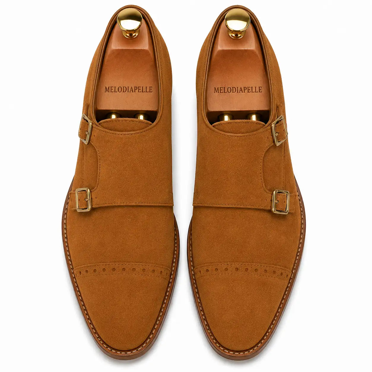 Melodiapelle Maverick Double Monk Brogue in camel suede, pair top-down view, handcrafted in Agra