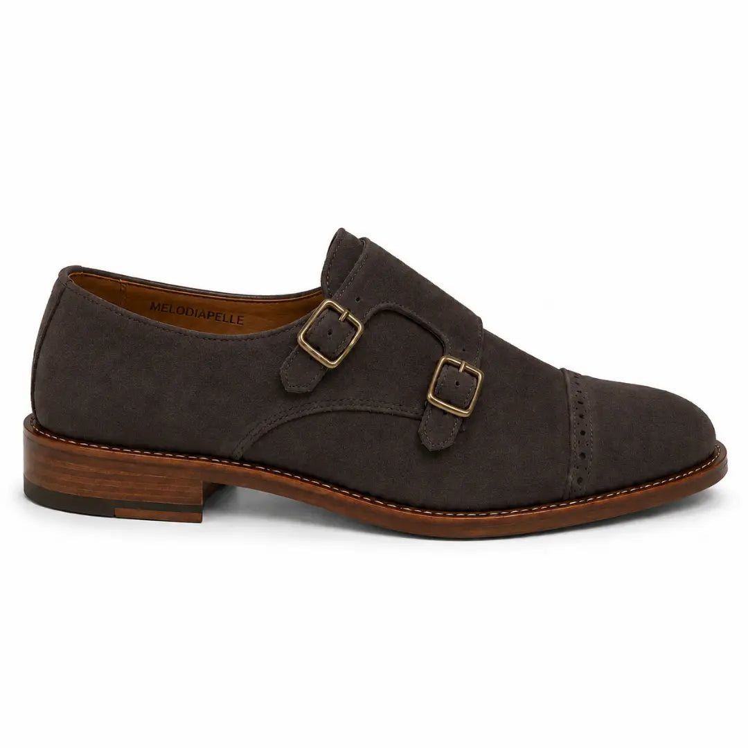 Side profile of the Maverick Double Monk Brogue in dark brown suede on white background