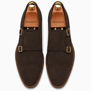 Melodiapelle Maverick Double Monk Brogue in dark brown suede, pair top-down view, handcrafted in Agra