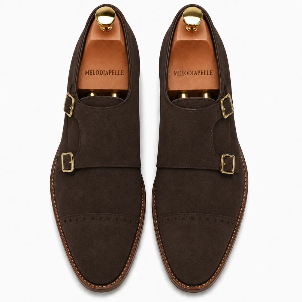 Melodiapelle Maverick Double Monk Brogue in dark brown suede, pair top-down view, handcrafted in Agra