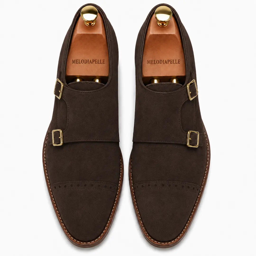 Melodiapelle Maverick Double Monk Brogue in dark brown suede, pair top-down view, handcrafted in Agra