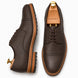Dark brown leather cap-toe Derby, three-quarter angle showing heel and toe detailing
