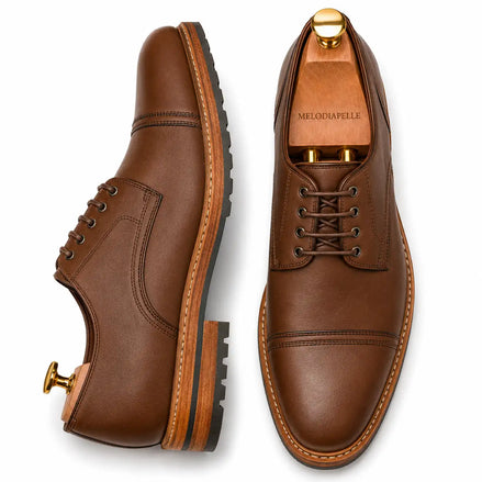 Mole brown nubuck leather cap-toe Derby, three-quarter angle showing heel and toe detailing
