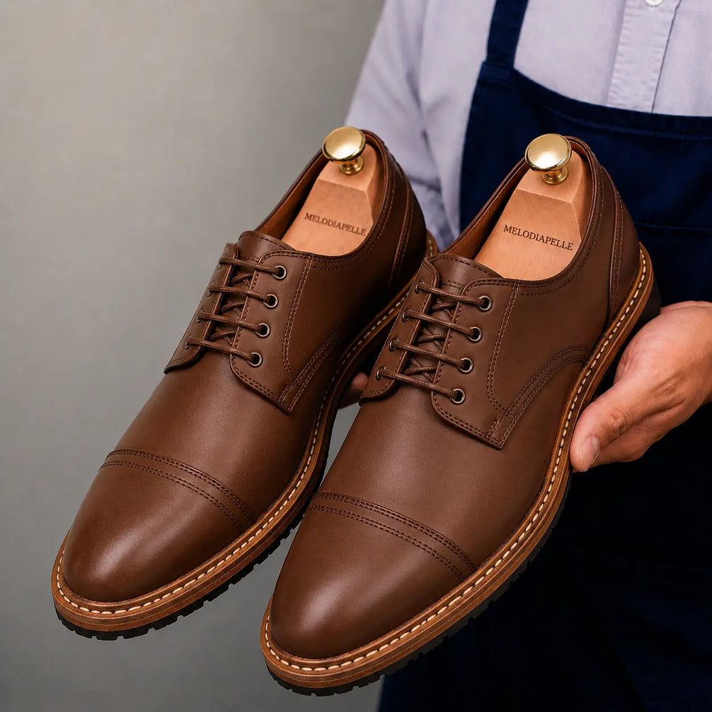 Man holding a pair of Melodiapelle Max Cap Toe Derby shoes in mole brown nubuck leather, close-up