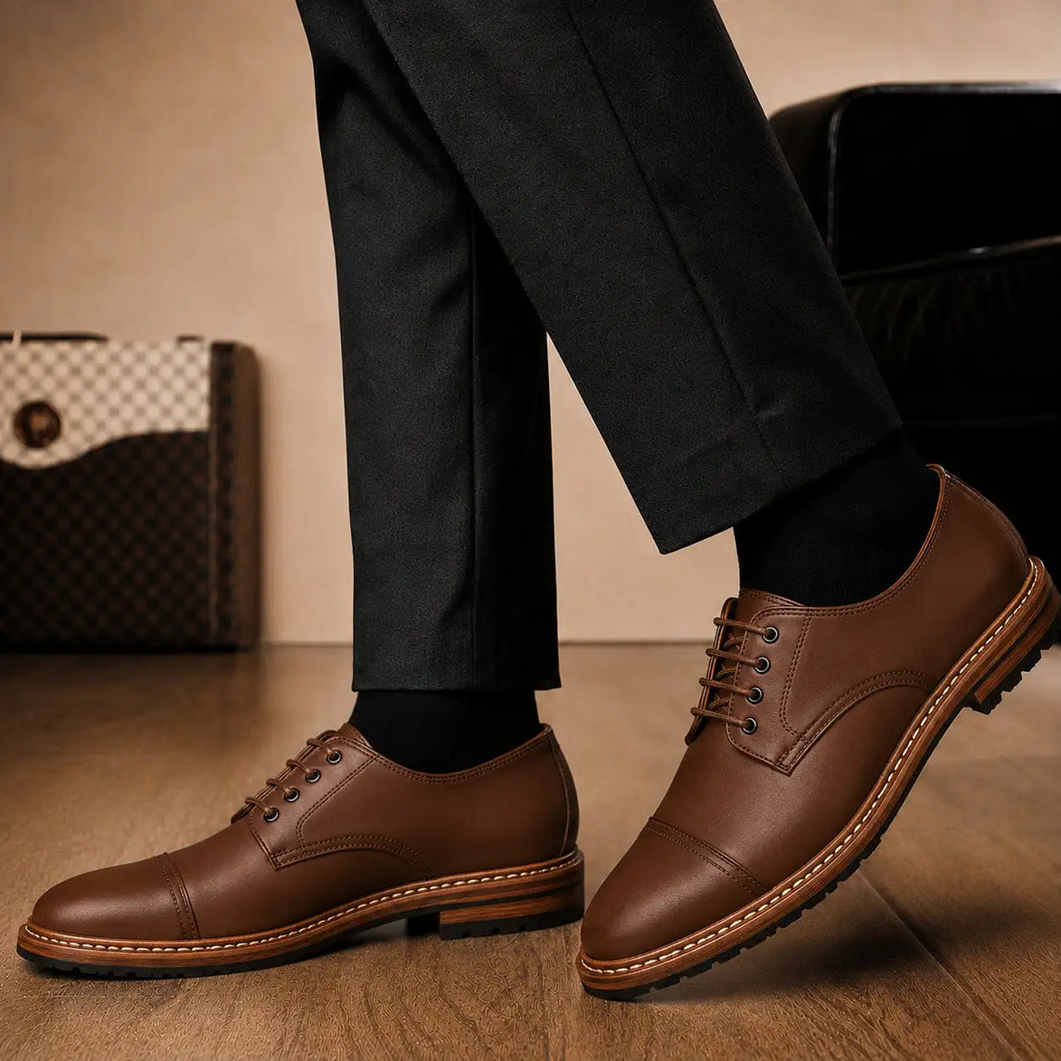 Melodiapelle Max Cap Toe Derby in mole brown nubuck leather worn with formal trousers, on-feet shot