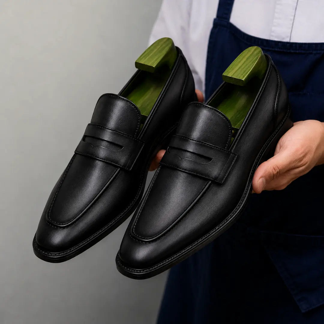 Side profile of the Maximus Dress Penny Loafer in black leather on white background