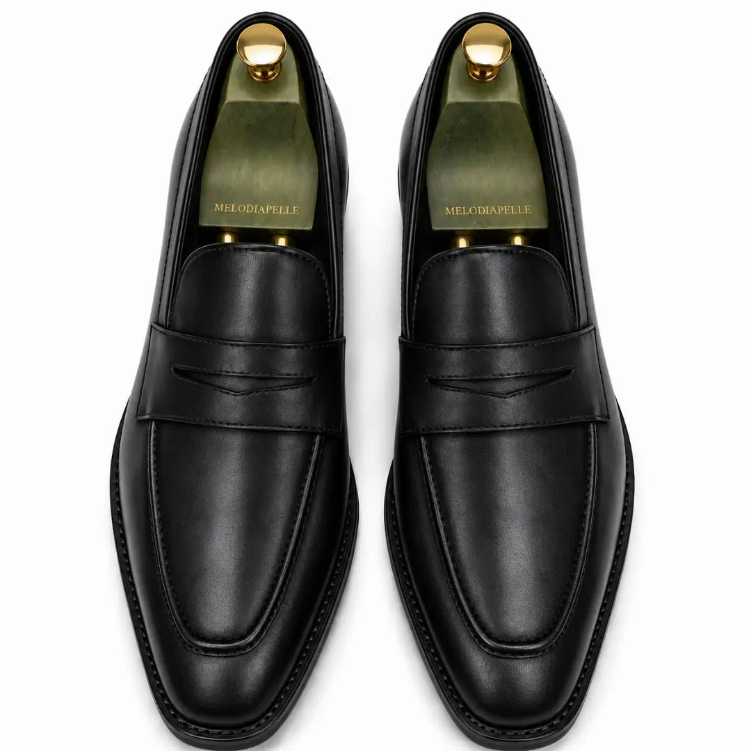 Melodiapelle Maximus Dress Penny Loafer in black leather, pair top-down view, handcrafted in Agra