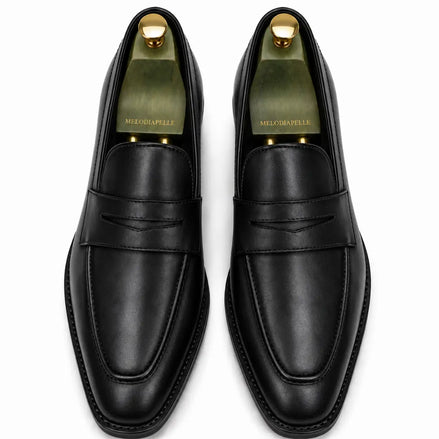 Melodiapelle Maximus Dress Penny Loafer in black leather, pair top-down view, handcrafted in Agra