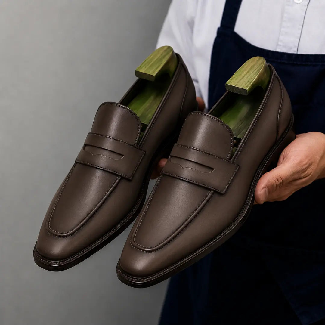 Man holding a pair of Melodiapelle Maximus Dress Penny Loafer shoes in brown leather, close-up