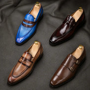 Melodiapelle Maximus Dress Penny Loafer collection in cognac, brown and black leather, handcrafted penny loafer shoes displayed together