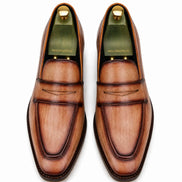 Melodiapelle Maximus Dress Penny Loafer in cognac tan burnished leather, pair top-down view, handcrafted in Agra